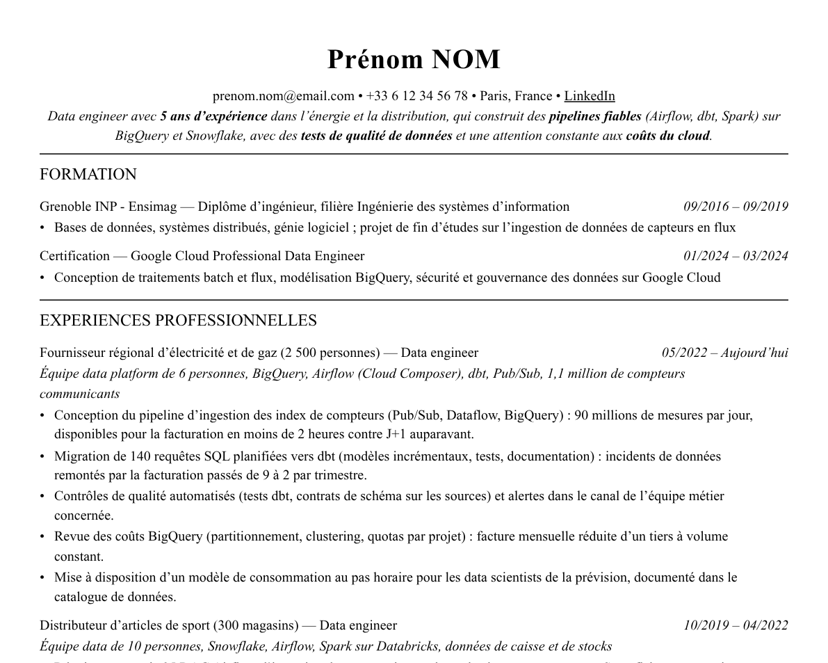 Aperçu : Exemple de CV Data engineer