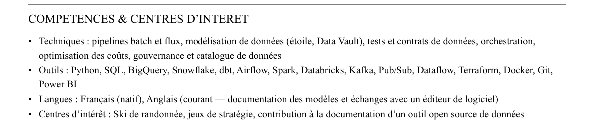 CV data engineer : compétences et centres d’intérêt