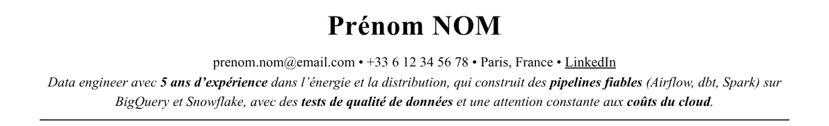 CV data engineer : en-tête et accroche