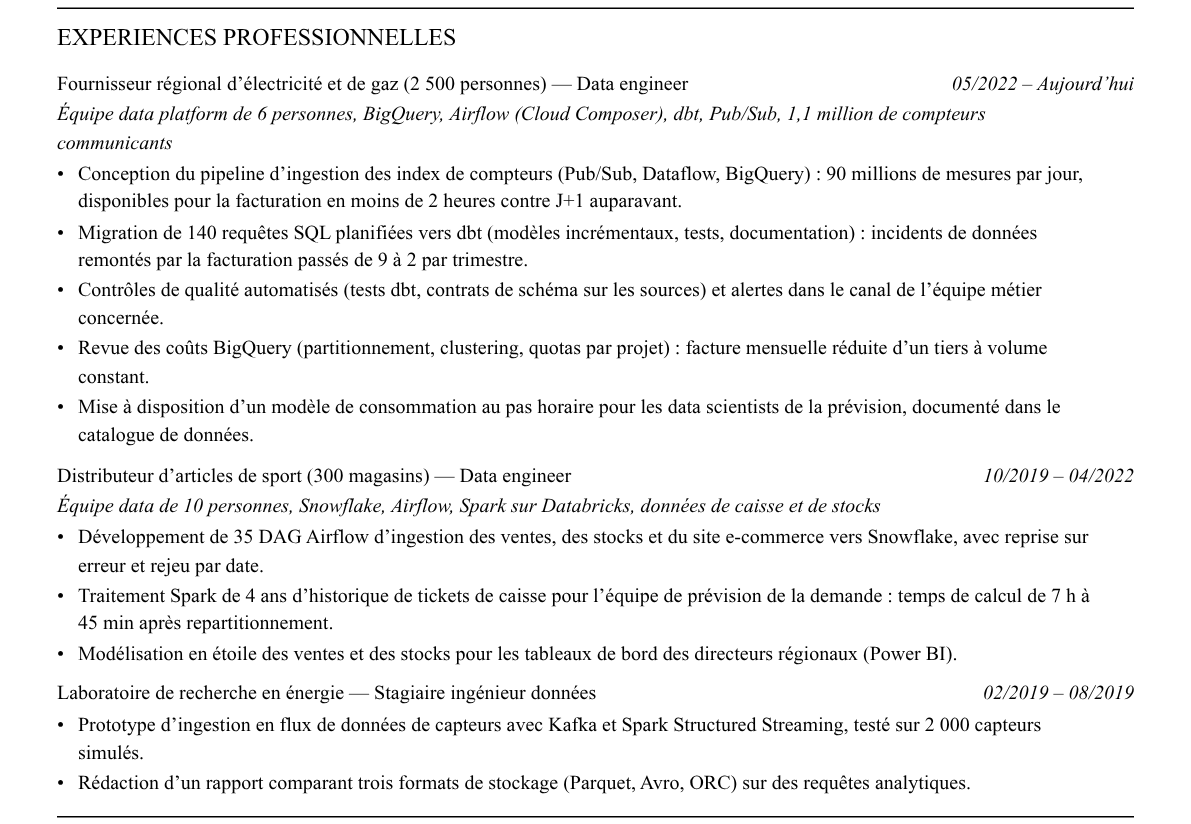 CV data engineer : expériences