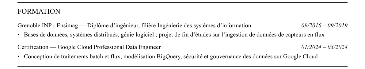 CV data engineer : formation