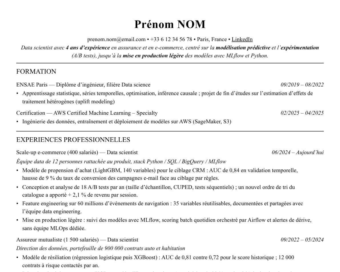 Aperçu : Exemple de CV Data scientist