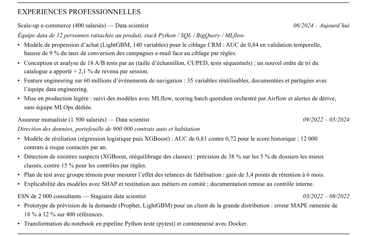 CV data scientist : expériences