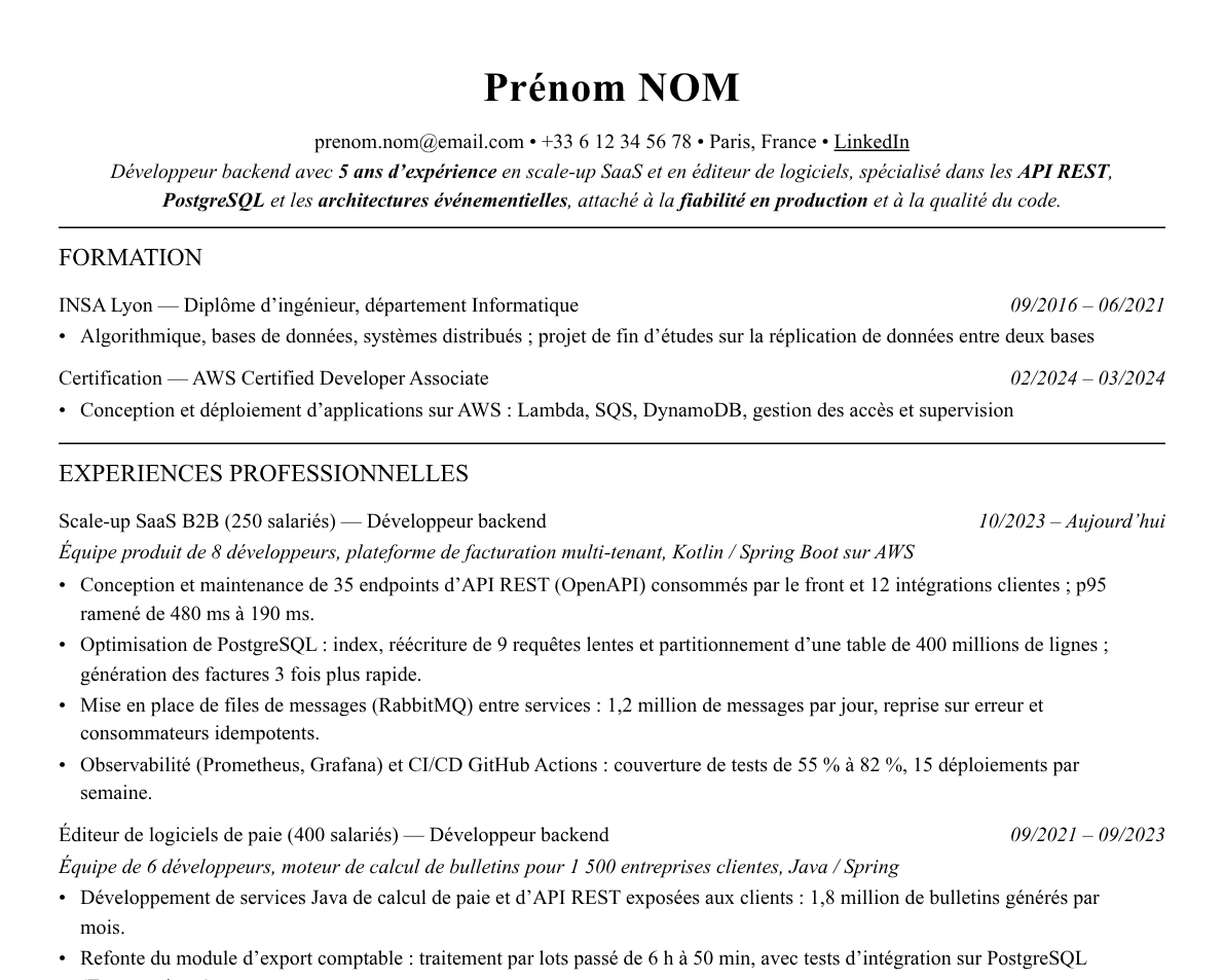 Aperçu : Exemple de CV Développeur backend