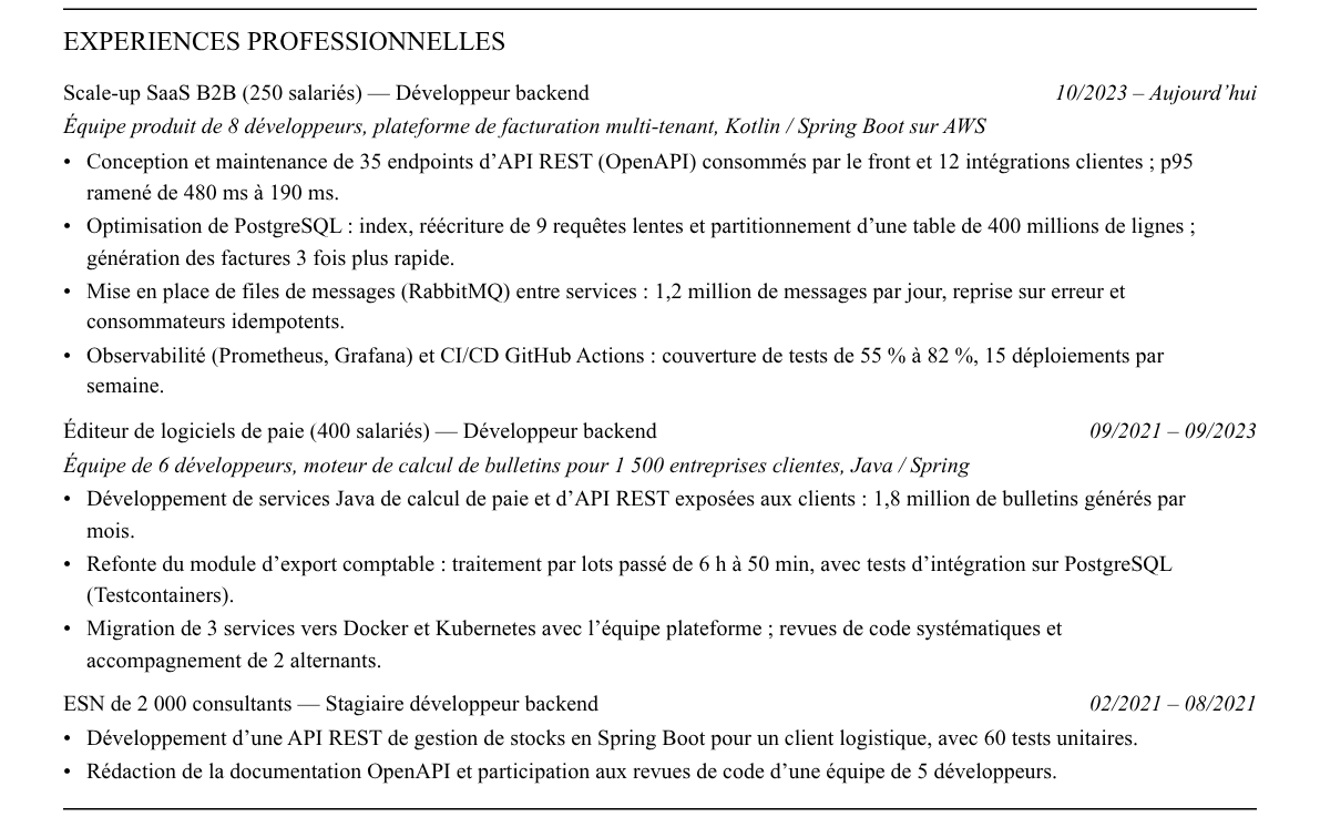 CV développeur backend : expériences