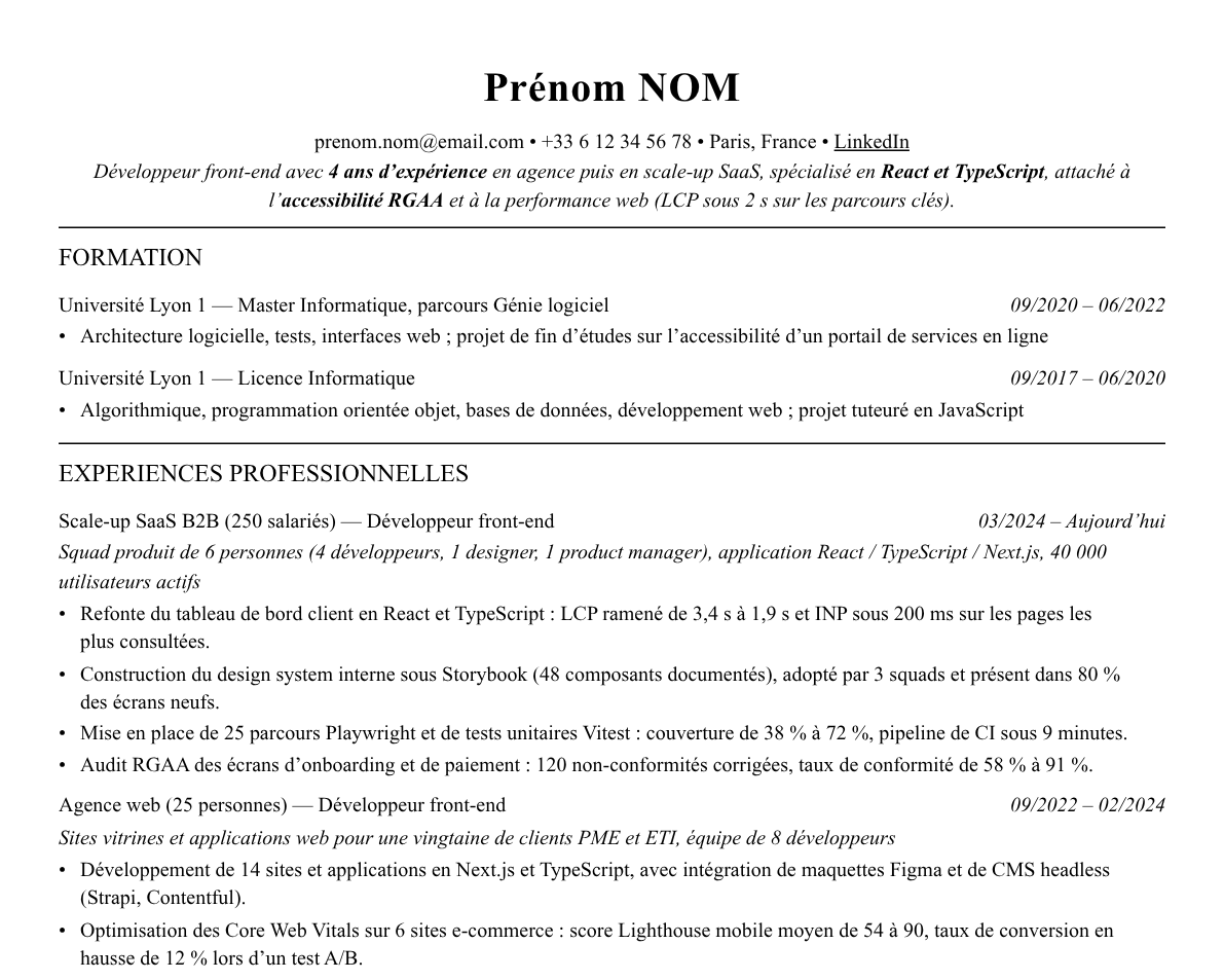 Aperçu : Exemple de CV Développeur front-end