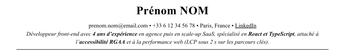 CV développeur front-end : en-tête et accroche