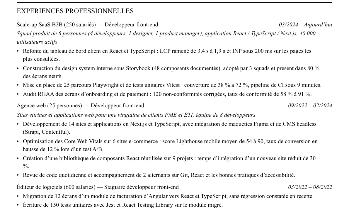 CV développeur front-end : expériences