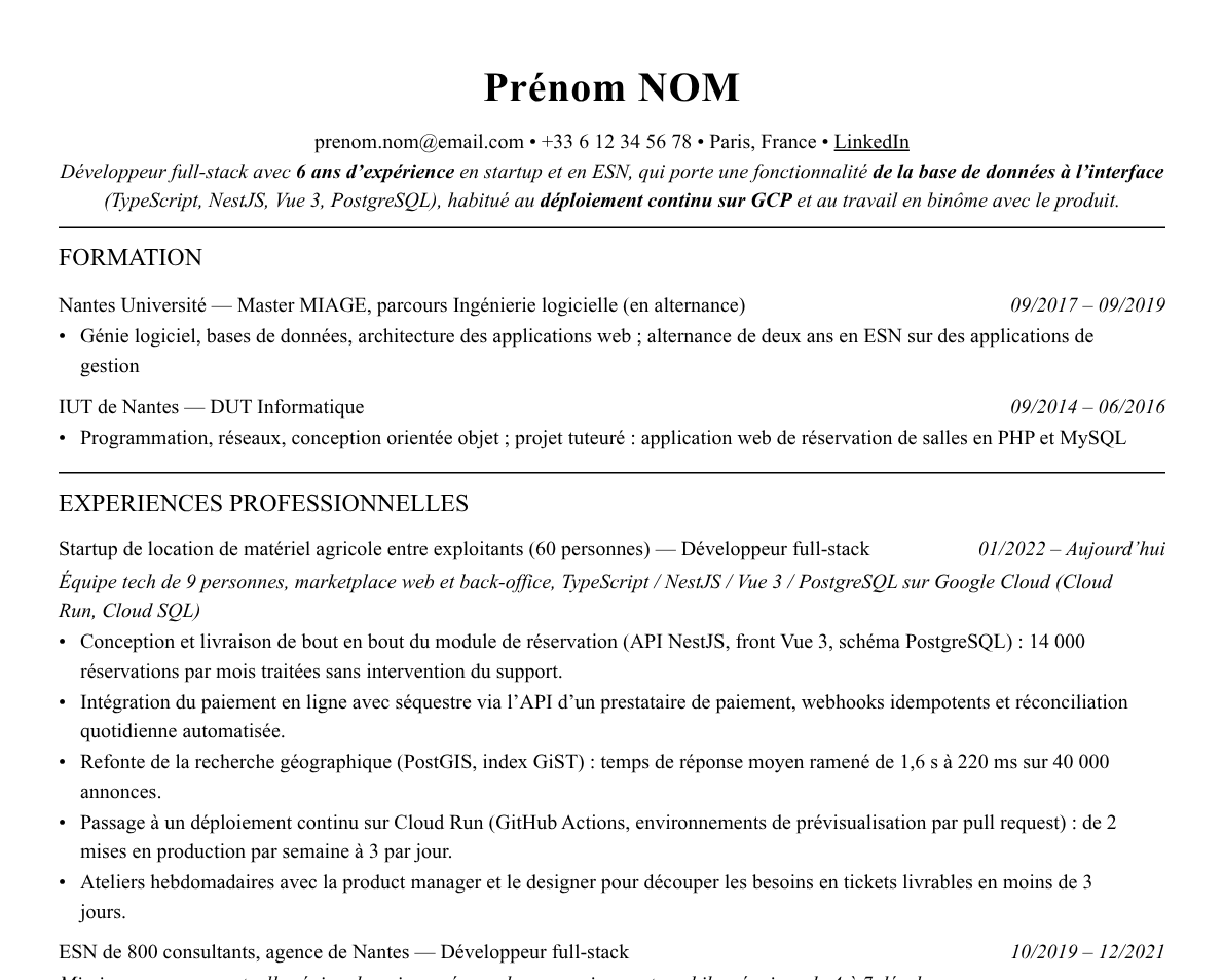 Aperçu : Exemple de CV Développeur full-stack
