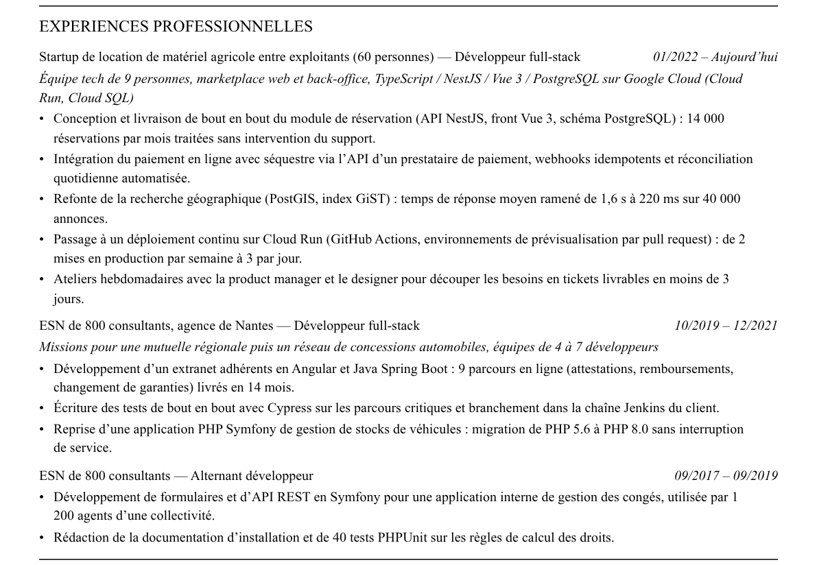 CV développeur full-stack : expériences