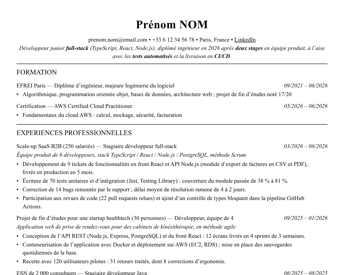 Aperçu : Exemple de CV Développeur junior