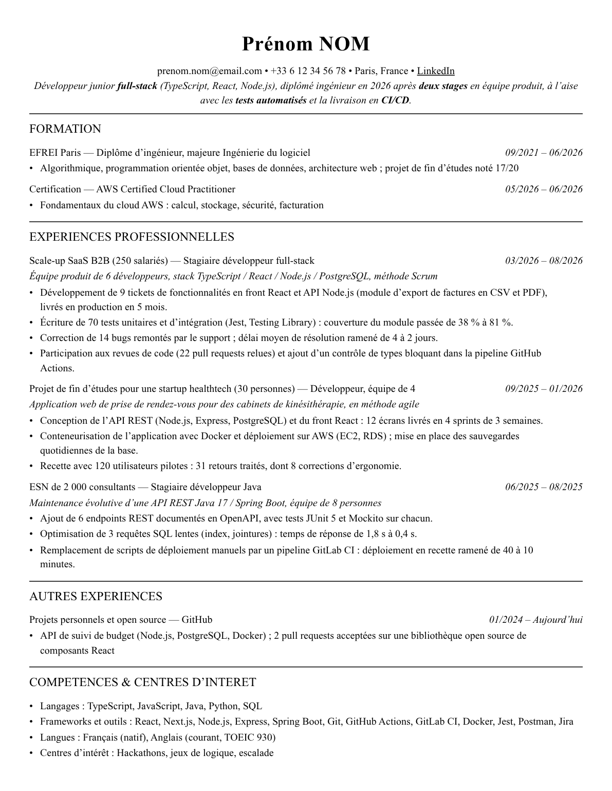 CV développeur junior complet sur une page