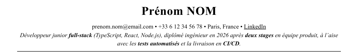 CV développeur junior : en-tête et accroche