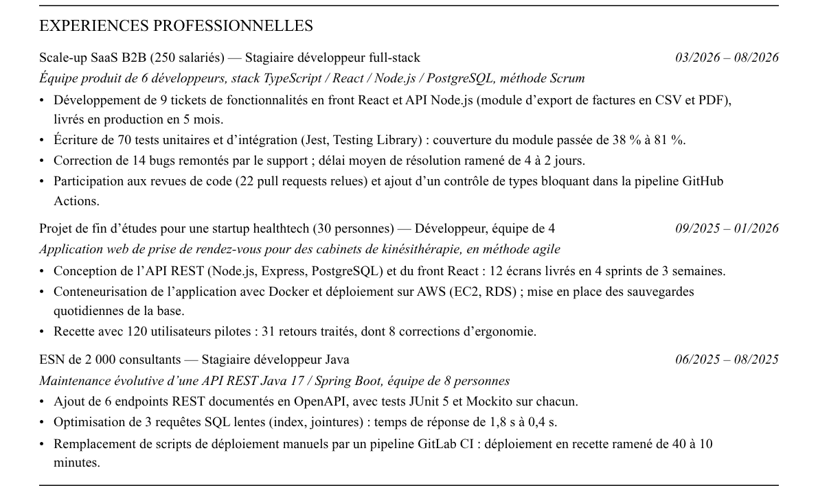 CV développeur junior : expériences