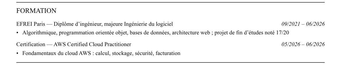 CV développeur junior : formation