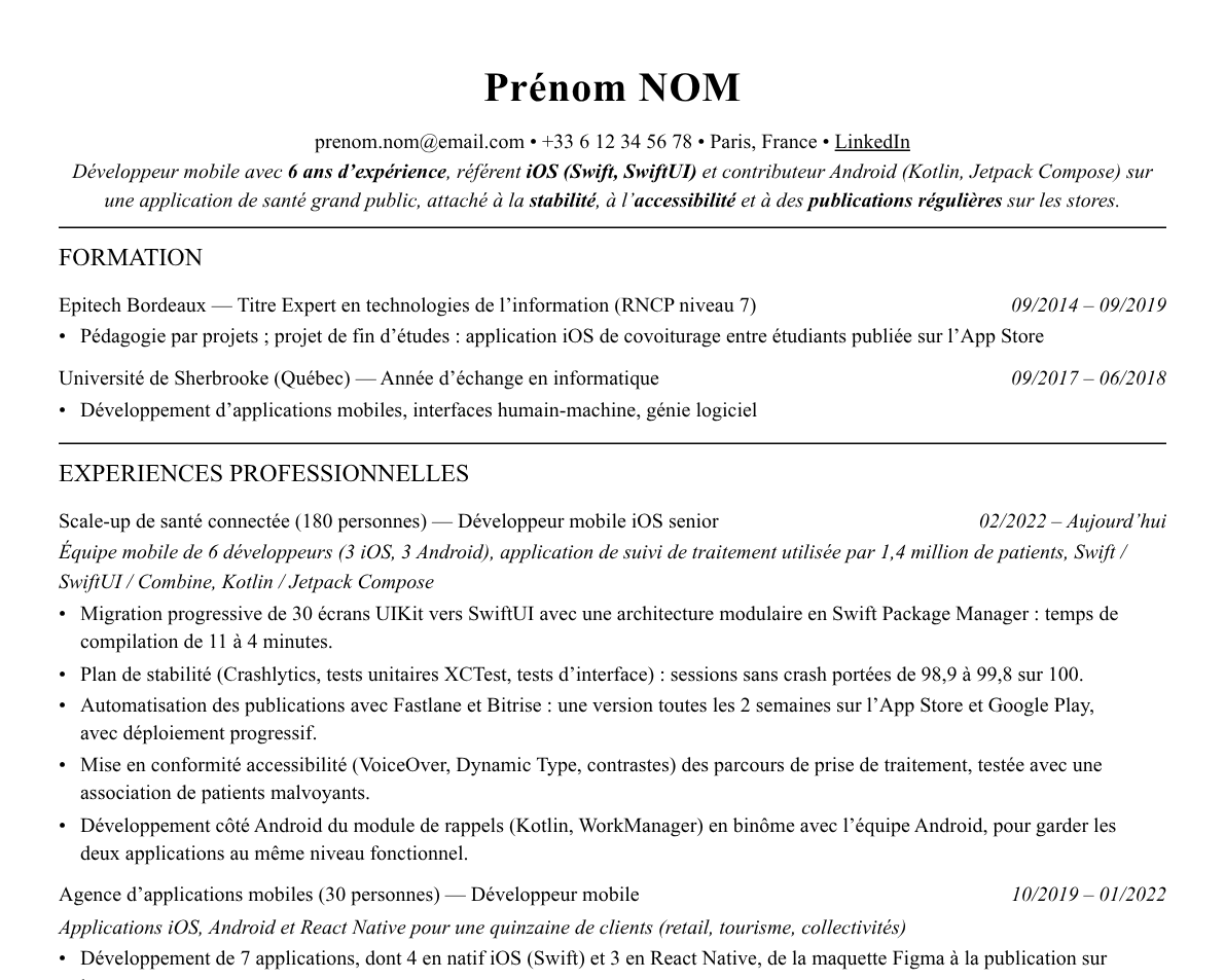 Aperçu : Exemple de CV Développeur mobile