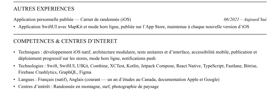 CV développeur mobile : compétences et centres d’intérêt