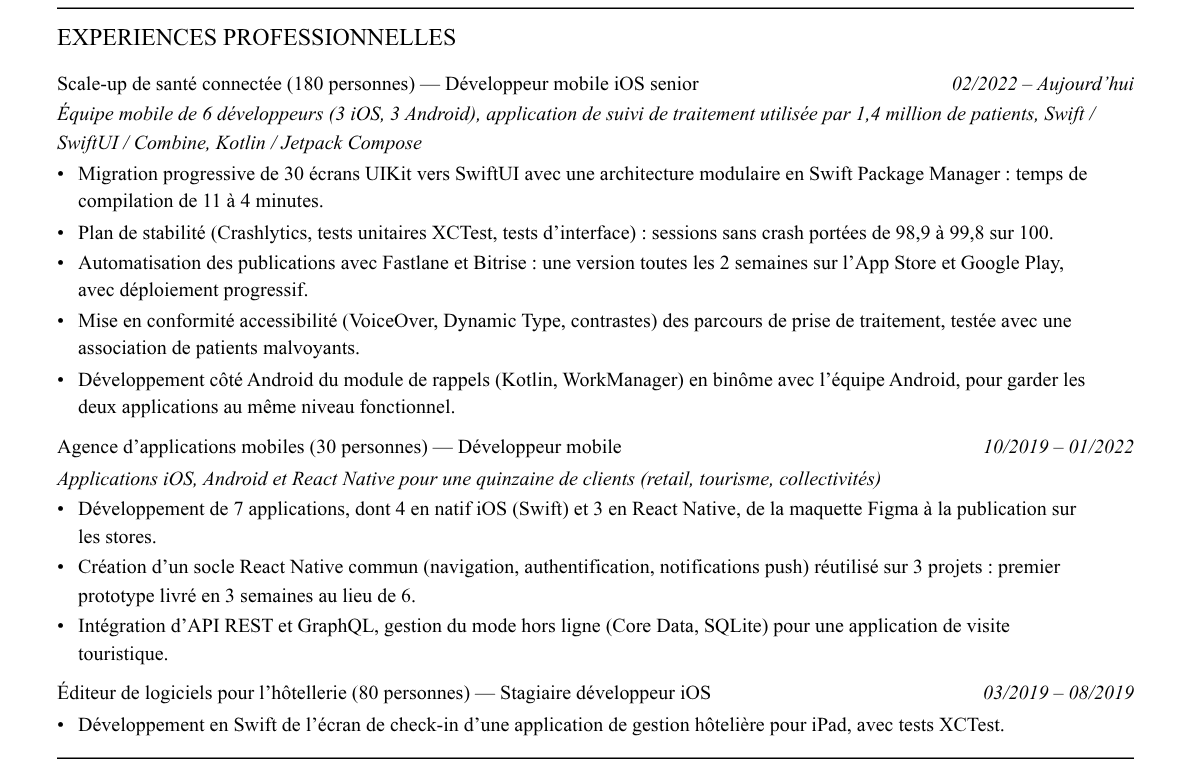 CV développeur mobile : expériences