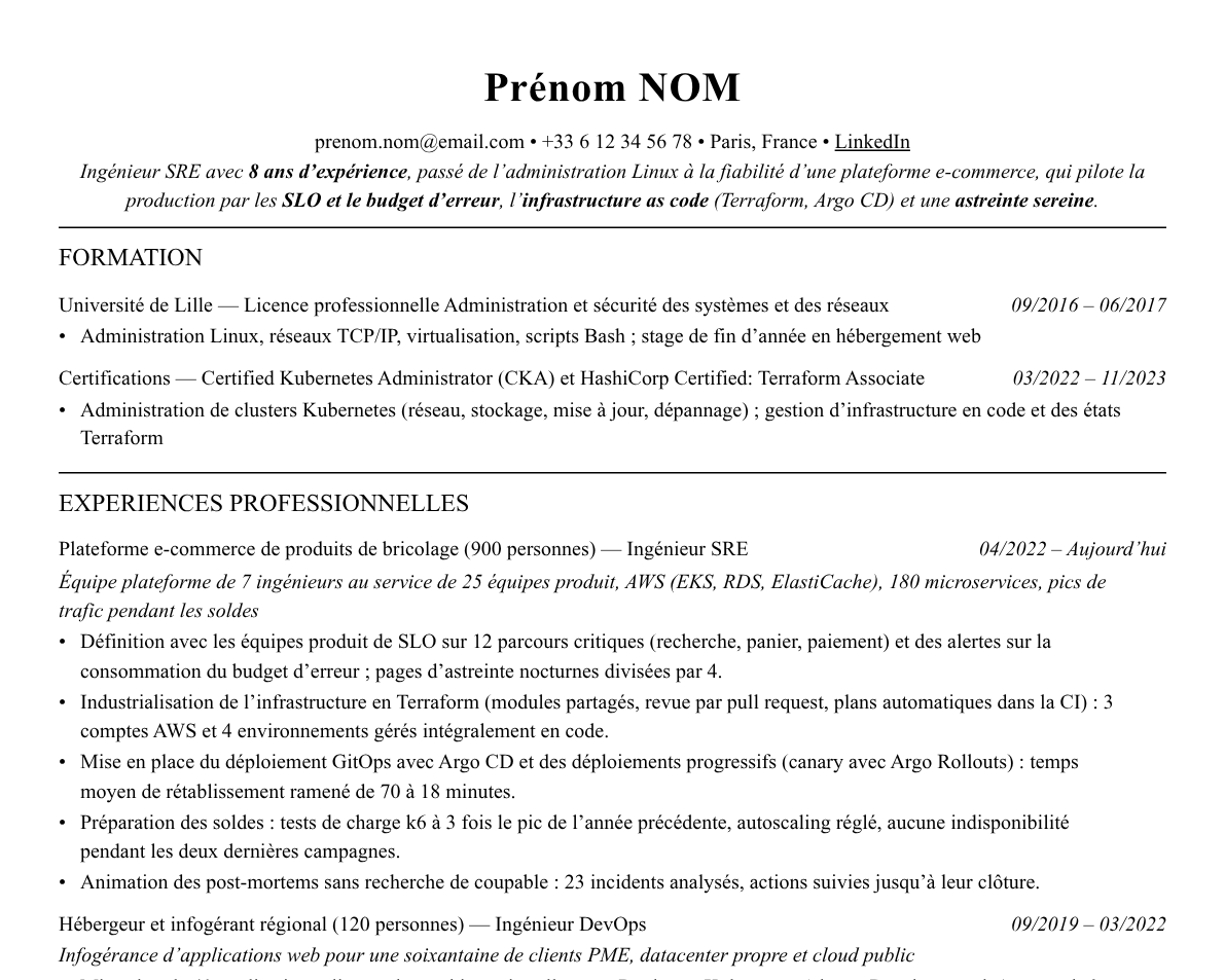 Aperçu : Exemple de CV Ingénieur DevOps / SRE