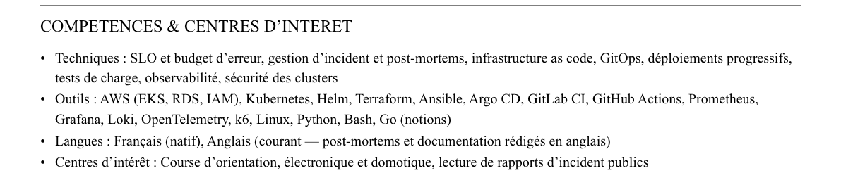 CV ingénieur devops / sre : compétences et centres d’intérêt