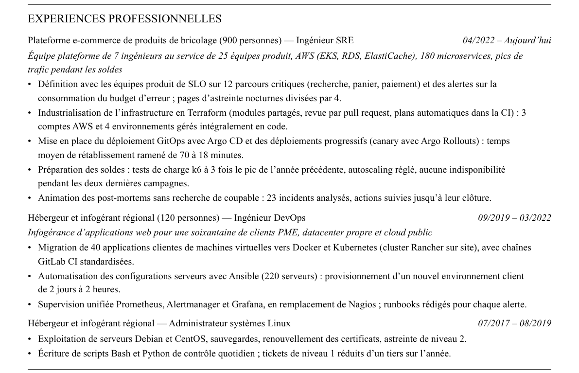 CV ingénieur devops / sre : expériences