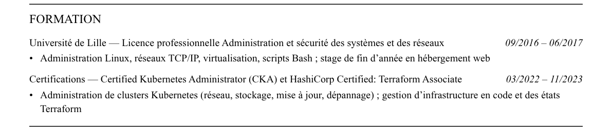 CV ingénieur devops / sre : formation
