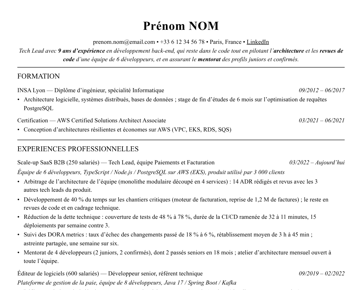 Aperçu : Exemple de CV Tech Lead