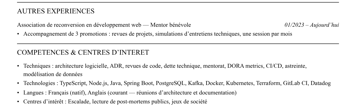 CV tech lead : compétences et centres d’intérêt