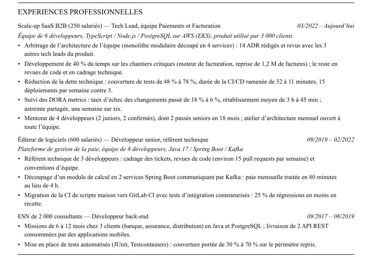 CV tech lead : expériences