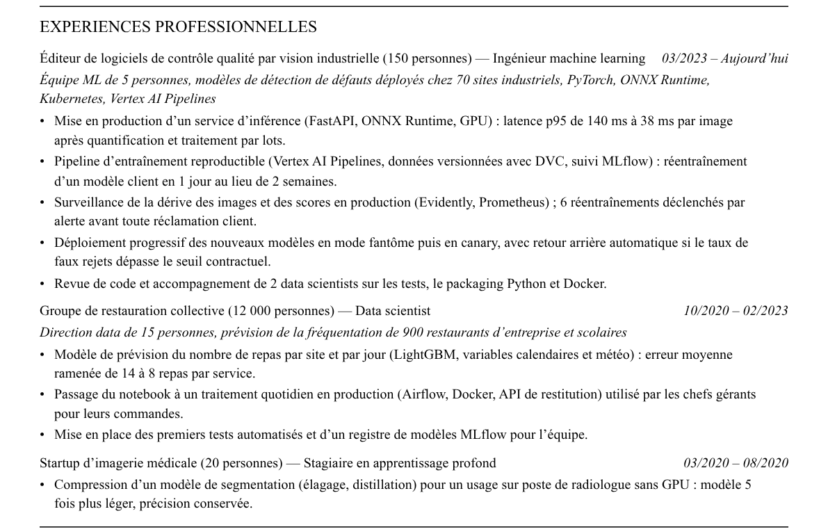 CV ingénieur machine learning : expériences